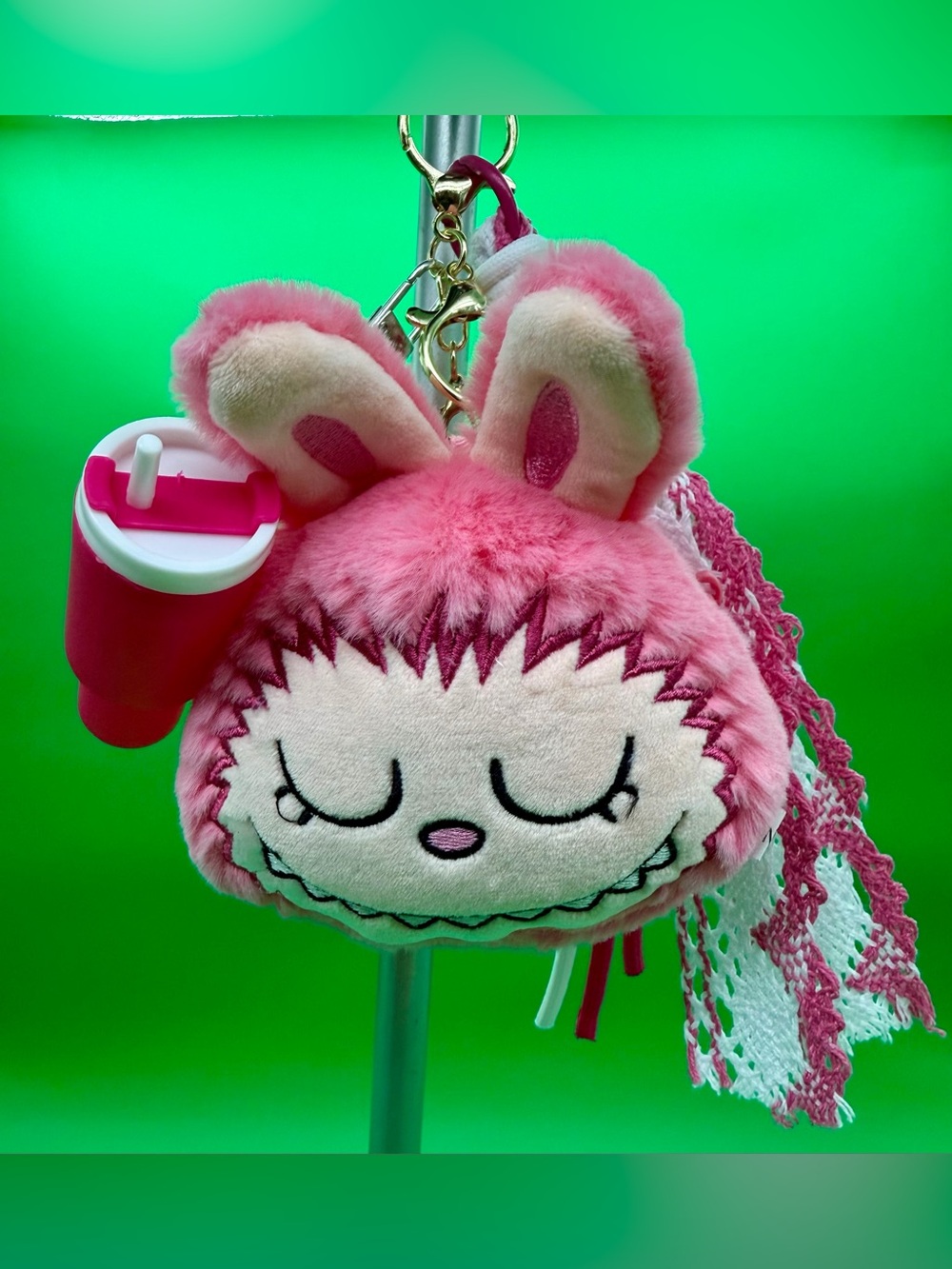 Pink Plush Labubu Keychain Bag Charm with Drink Accessory